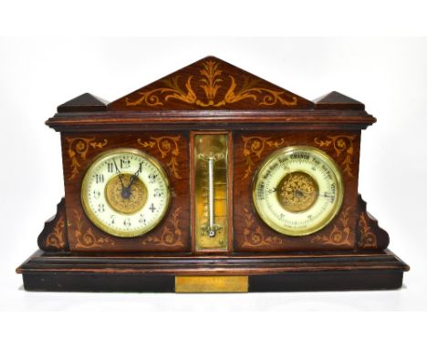 A late Victorian inlaid rosewood combination mantel clock, aneroid barometer and thermometer, with two circular dials flankin