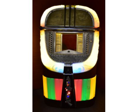 AMI; a 'Mother of Plastic' Model A jukebox in Art Deco style case with streamlined details and coloured light tubes, playing 