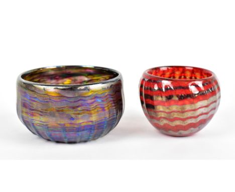 JOHN DITCHFIELD FOR GLASFORM; an iridescent glass bowl with ribbed decoration, signed to rim, diameter 11cm, together with a 