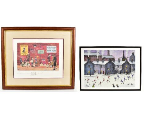 J SHEPHARD; a limited edition coloured print, figures playing football, signed in pencil and numbered 14/500, 26 x 35cm and F