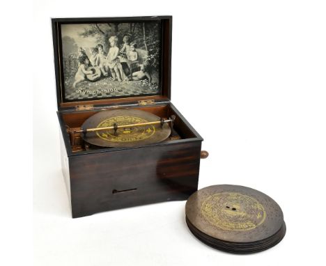 A late 19th century Symphonion Disc musical box, in floral decorated simulated rosewood case, width 26.5cm, with thirteen ass