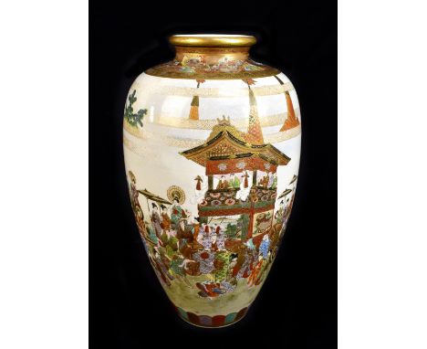 A good and large Japanese Meiji period Satsuma ovoid vase decorated with a continuous procession beneath hanging lanterns, si