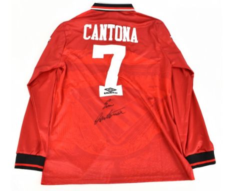 ERIC CANTONA; a Manchester United Umbro 1994-96 season retro remake long sleeved home shirt with Premier League badges to sho
