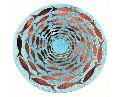 JO DOWNS; a contemporary art glass bowl 'Cornish Pilchards', diameter 47cm.Additional InformationThere is a tiny nibble to on