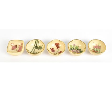 Five early 20th century miniature Japanese Satsuma bowls, each with painted floral decoration and gilt heightened rims, with 