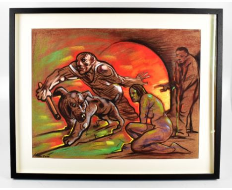 PETER HOWSON OBE (Scottish, born 1958); pastel, study of figures with a dog, signed, 45 x 59cm, framed and glazed. (D)Provena