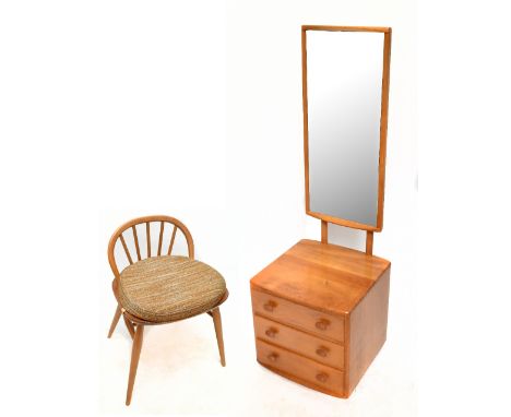 ERCOL; a light elm dressing chest model no.412 with large rectangular mirror above three drawers, height 154cm, width 48cm, d