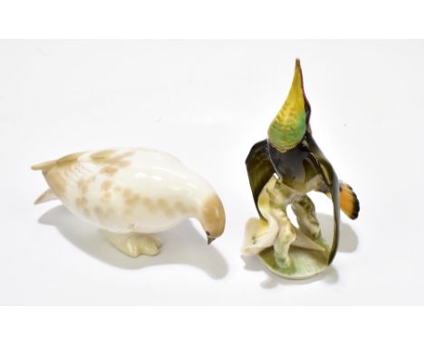 A Russian ceramic model of a bird, length 11.5cm, together with a German model of an exotic bird by Hutschenreuther (2).Addit