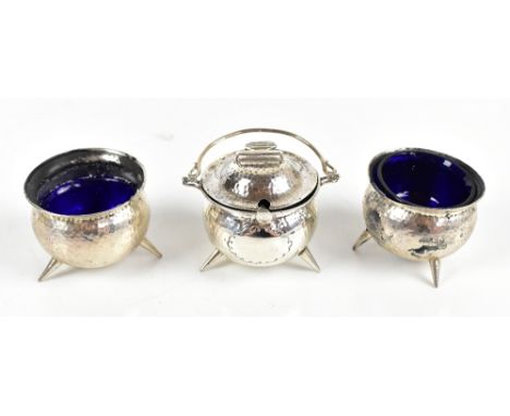 THOMAS BISHTON; an Edward VII hallmarked silver three piece condiment set, comprising lidded mustard, and two open salts, eac