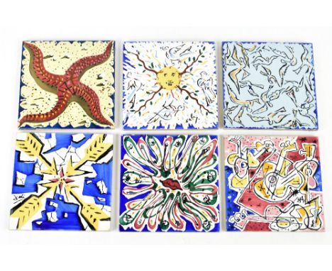 AFTER SALVADOR DALI; six ceramic tiles, printed with various stylised studies, 20x 20cm.