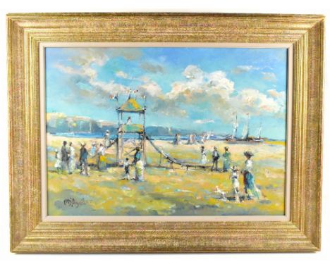 MICHAEL D'AGUILAR (British, 1924-2011); oil on canvas, 'Les Sables au Paradis des Enfants', figural beach scene in France wit