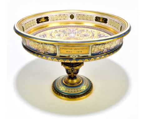 SÈVRES; an important hand painted comport produced for 'Exposition Universelle Paris 1878', the central bowl decorated in rel