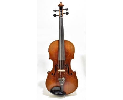 A full-size violin branded 'Vuillaume a Paris' below the button and with interior paper label, the two-piece back length 35.8