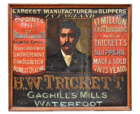 LATE 19TH CENTURY ENGLISH SCHOOL; oil on canvas, an unusual advertising portrait canvas for H. W. Trickett, Gaghill's Mills, 