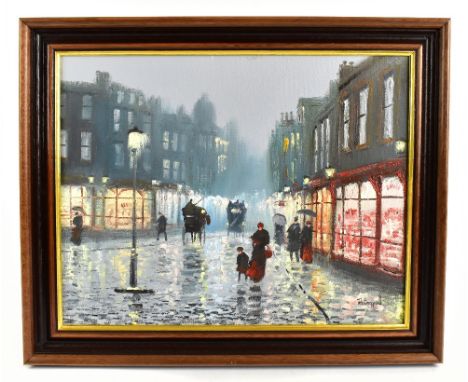 JOHN BAMPFIELD (born 1947); oil on canvas, street scene with figures beneath a street lamp, signed, 40 x 50cm, framed. (D)Add