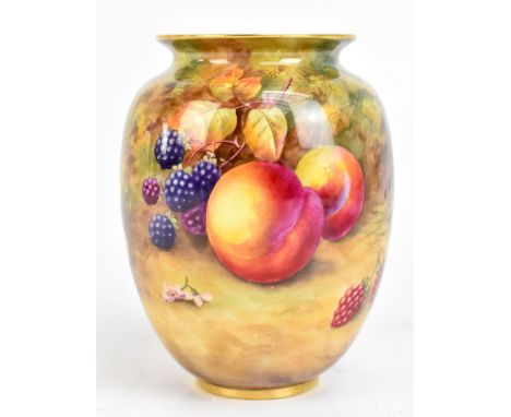 ROYAL WORCESTER; a hand painted fruit vase of bulbous form with flared neck, indistinctly signed, probably H.H. Price, height