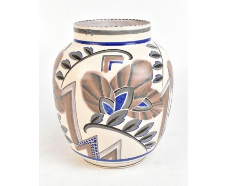 POOLE POTTERY; a large and impressive Art Deco hand painted vase in the 621 shape, painted with geometric floral sprays, impr