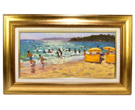 ANDREW MACARA (born 1944); oil on canvas, boys playing on the beach, inscribed verso 'South of France', signed, 24.5 x 50cm, 