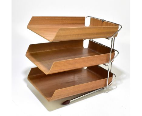 MALLOD; a mid-century plywood and chrome three-tier desk tidy, height 35cm, length 40cm, depth 28cm.Additional InformationLig