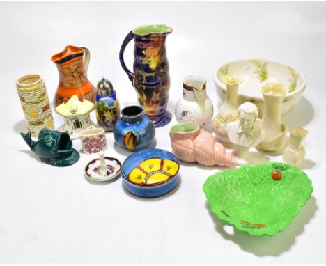 A collection of assorted ceramics to include contemporary Poole pottery, Belleek vases, Masons Ironstone, etc.Additional Info