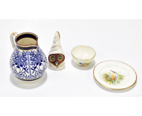 ROYAL WORCESTER; an owl candle snuffer, height 8cm, together with a tea bowl and saucer decorated with a redstart and kingfis
