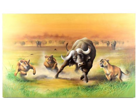 DAVID A FINNEY; a large oil on canvas depicting lionesses attacking a wildebeest, signed to stretcher, 76 x 122cm. (D)Additio