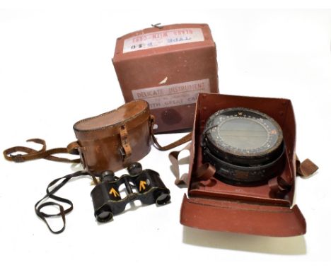 A WWII period cased military type P.10 binnacle compass, diameter 18.5cm, fitted in original cardboard box with numerous stam