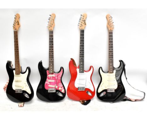 Four electric guitars comprising two Stagg, Encore and a Rock Jam example, all with soft cases (4).Additional InformationNot 