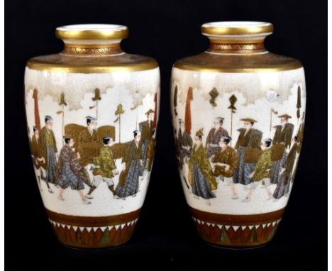 SETSUZAN; a pair of Japanese Satsuma small vases, each painted with a continuous band of figures, height 9.5cm.Provenance: fr