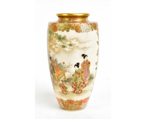 OKAMOTO RYOZAN FOR THE YASUDA TRADING CO; a Japanese Meiji period Satsuma vase of cylindrical form painted with various geish