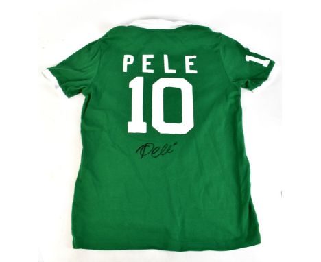 PELÉ; an Umbro New York Cosmos retro remake cotton shirt with printed crest and embroidered 10 to front and right arm, signed
