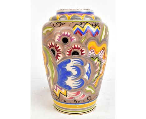 POOLE POTTERY; an Art Deco hand painted vase decorated in the 966 shape, painted with floral sprays and geometric designs, im