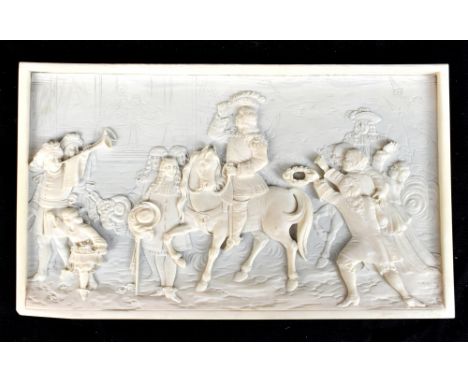 A late 19th century carved ivory plaque of rectangular form with carved detail in the 17th century-style with triumphal entry