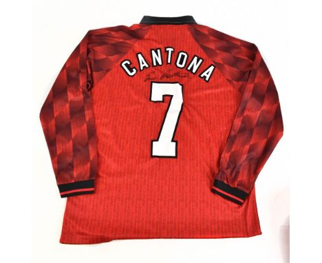 ERIC CANTONA; a Manchester United Umbro retro remake 1996-98 season long sleeved home shirt, signed with 'Cantona 7' printing