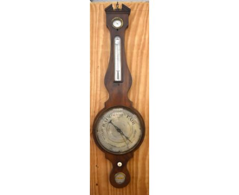 LIONEL SOMALUICO OF 14 BROOK ST HOLBORN; a 19th century mahogany and inlaid banjo barometer and thermometer with brass finial