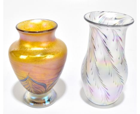 JOHN DITCHFIELD FOR GLASFORM; two contemporary art glass vases to include an iridescent example with stylised detail, signed 