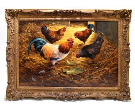 DONNA CRAWSHAW (born 1960); oil on canvas, ‘Morning Sunlight’, study of cockerels in barn, signed lower right with applied pl