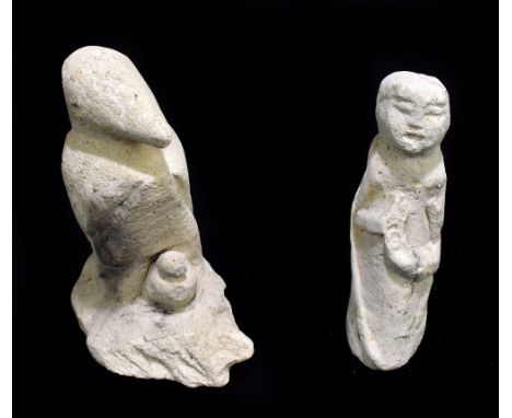 Two Iniet East New Britain Papua New Guinea limestone carvings, the first depicting a bird and chick, height 15cm, the second