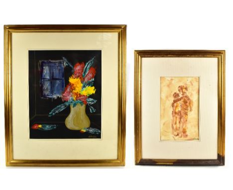 JAN KING; mixed media including watercolour, oils and gold pen, abstract still life study of floral sprays, signed, 54 x 45cm
