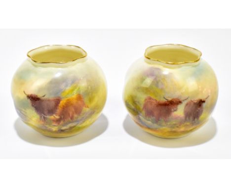 HARRY STINTON FOR ROYAL WORCESTER; a pair of hand painted vases of globular form, painted with Highland cattle in landscape s