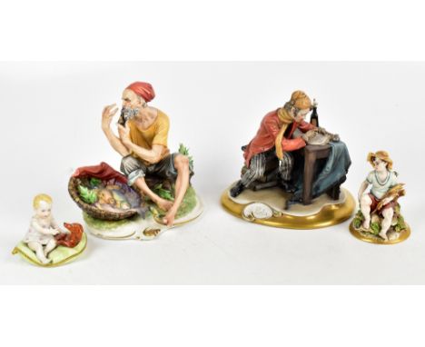 CAPODIMONTE; three assorted figures including 'Il Pota', height 20cm, and a similar Continental figure with pseudo-Sitzendorf