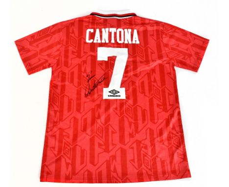 ERIC CANTONA; a Manchester United Umbro retro remake 1992-94 season home shirt, signed with 'Cantona 7' printing to reverse, 