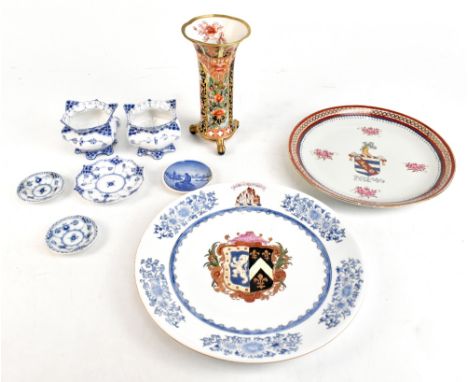 ROYAL COPENHAGEN; four pieces of Flow Blue to include a pair of vase, height 8cm, two modern Chinese armorial type plates, a 