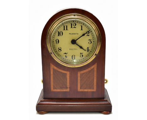 PULSYNETIC; an Edwardian mahogany and inlaid dome topped mantel clock, the circular dial set with Arabic numerals and further