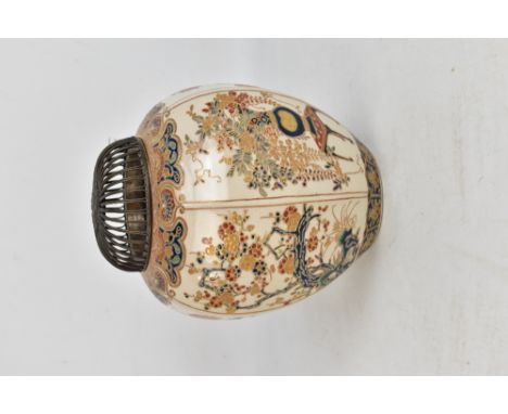 A Japanese Satsuma hexagonal koro with pierced white metal cover, the body set with six panels depicting various floral spray