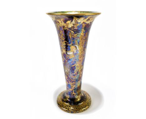 DAISY MAKEIG-JONES FOR WEDGWOOD; a 'Fairyland' lustre trumpet vase&nbsp;decorated in the 'Butterfly Woman' pattern, gilt fact