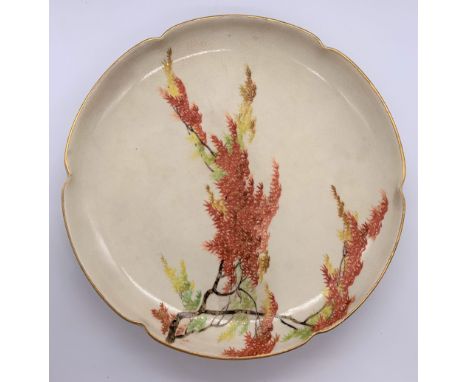 YABU MEIZAN; a fine Japanese Meiji period Satsuma dish with shaped rim and central panel decorated with leafy branches, paint