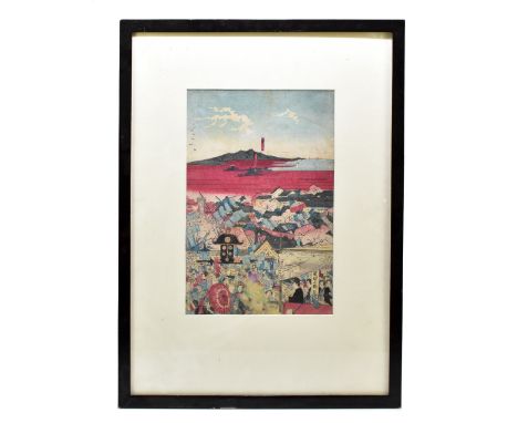 A Japanese woodblock print, depicting figures in a market scene with mountainous landscape in the foreground, bears signature