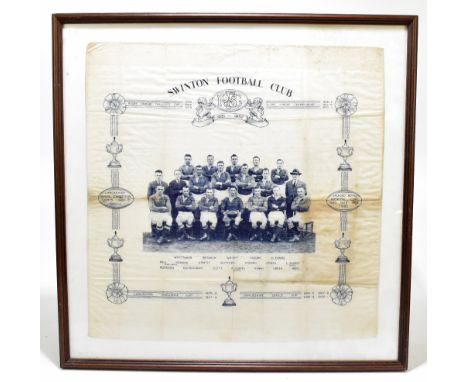 SWINTON FOOTBALL CLUB INTEREST; a handkerchief depicting a team photograph from the 1931-32 season, 48 x 47.5cm, framed.Addit