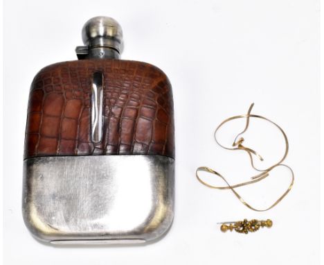 A 9ct yellow gold necklace (af), approximate weight 1.9g, a Victorian yellow metal bar brooch, unmarked and a silver plated a